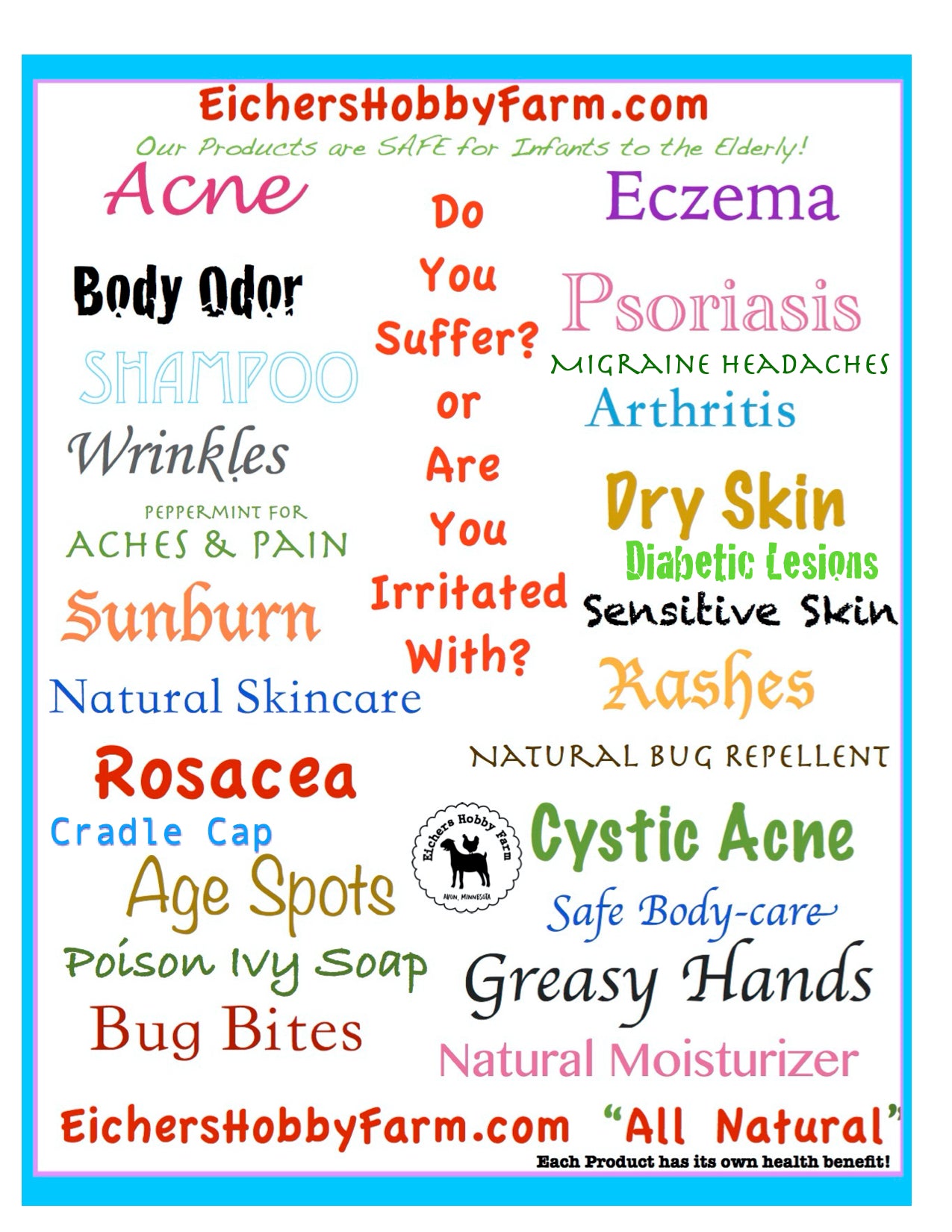 Do You Suffer? or Are you Irritated with one of the skin Issues listed on this sheet? Relief is available with Eichers Hobby Farm Goats Milk Soap & Face and Body Creams!!